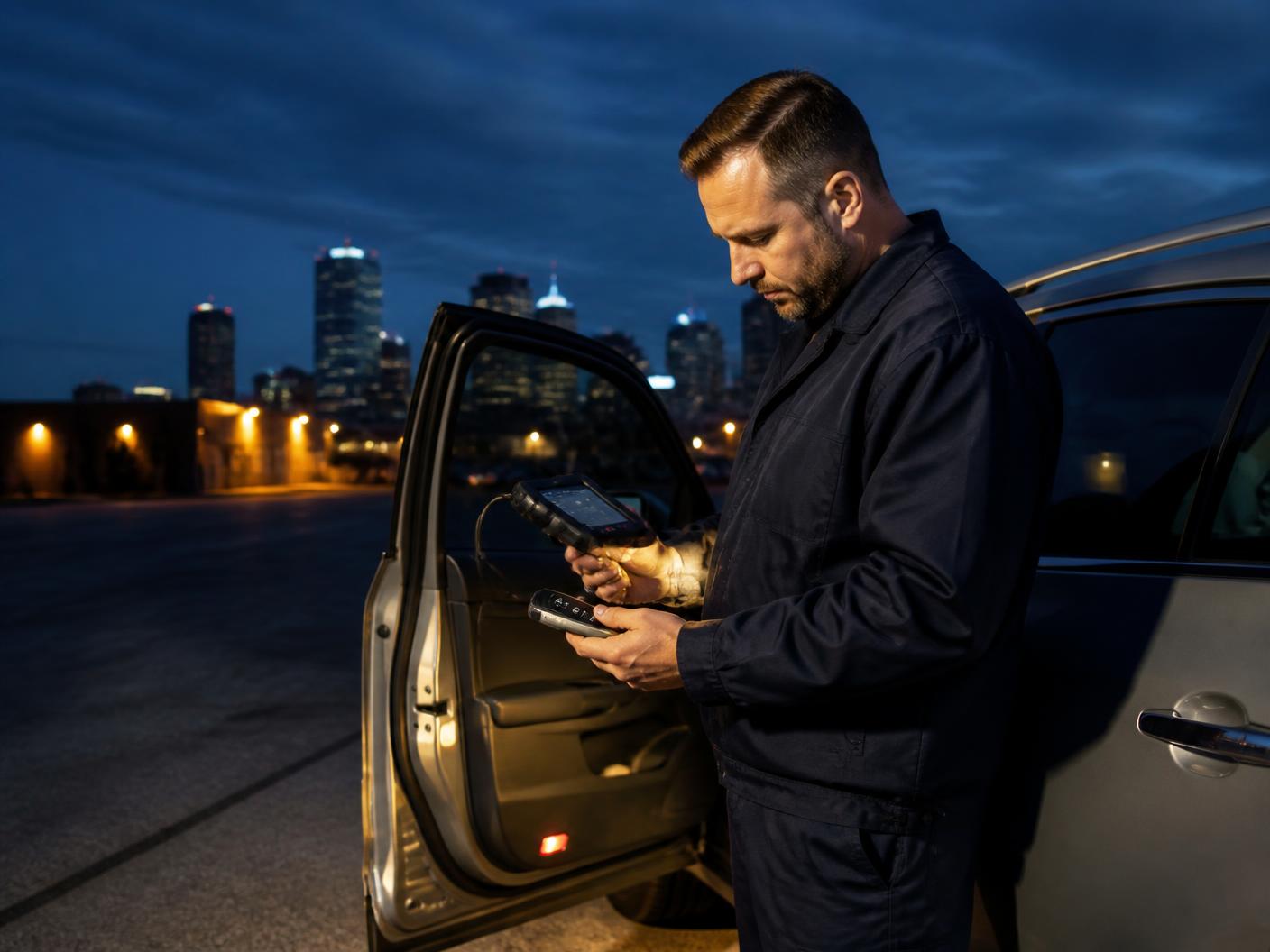 Mobile automotive locksmith programming a key fob beside a vehicle
